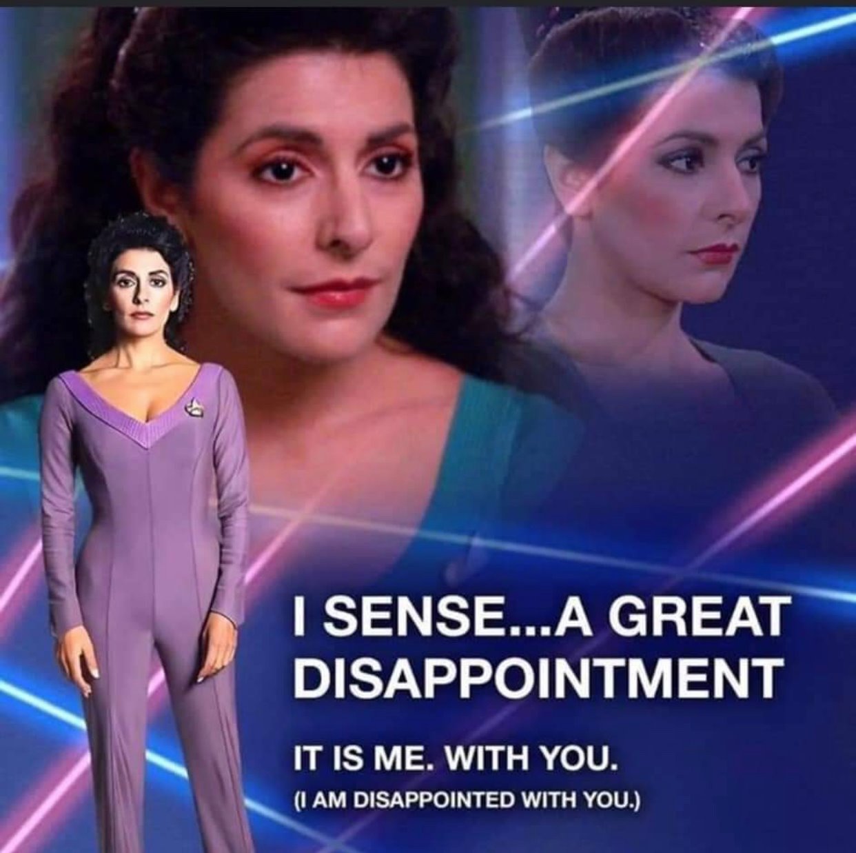 This meme is a play on the Star Trek character Lieutenant Worf's famous line "I... am... Worf" from the TV show Star Trek: The Next Generation. The meme replaces Worf's line with "I... am... disappointed" and adds a photo of Lieutenant Worf from the show.